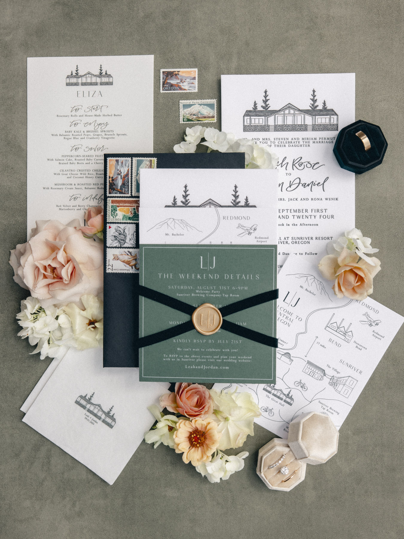 A flatlay of a wedding invitation suite by Life in Letters