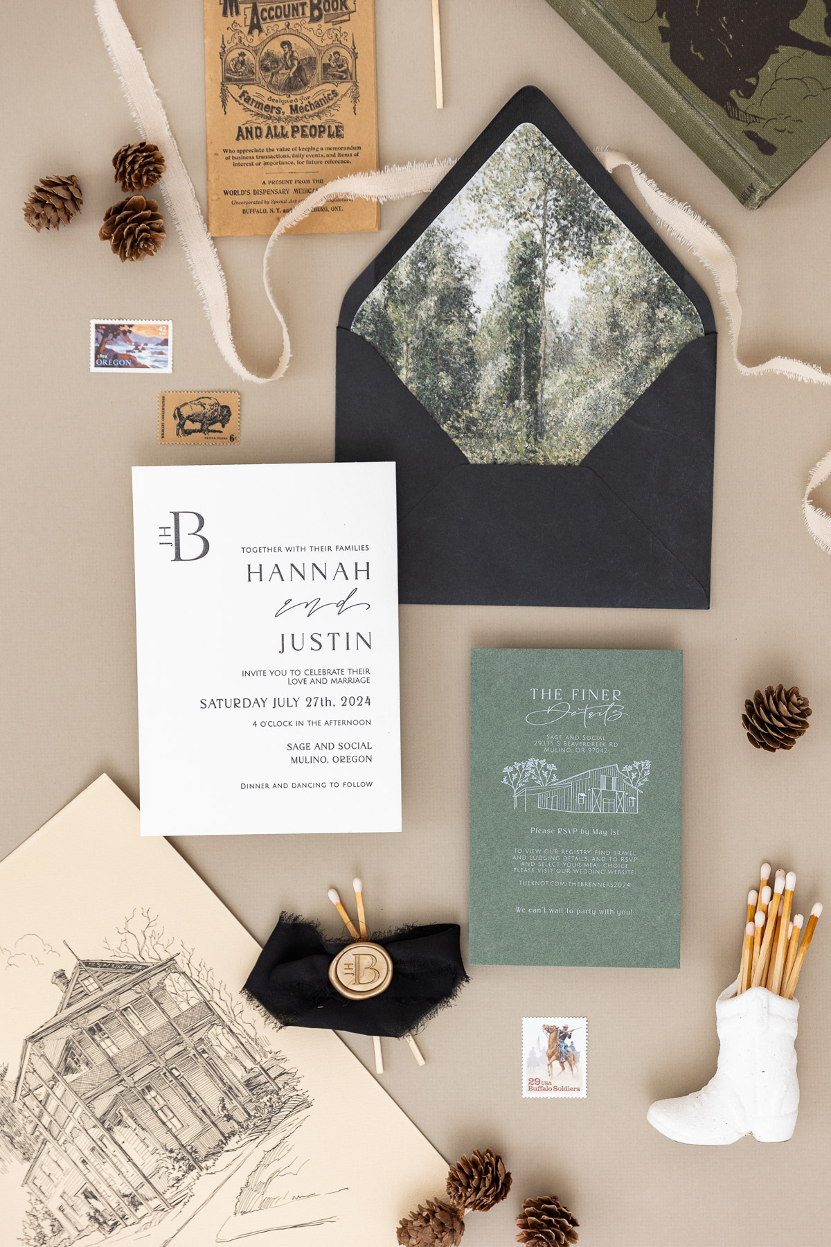 A flatlay of a wedding invitation suite by Life in Letters