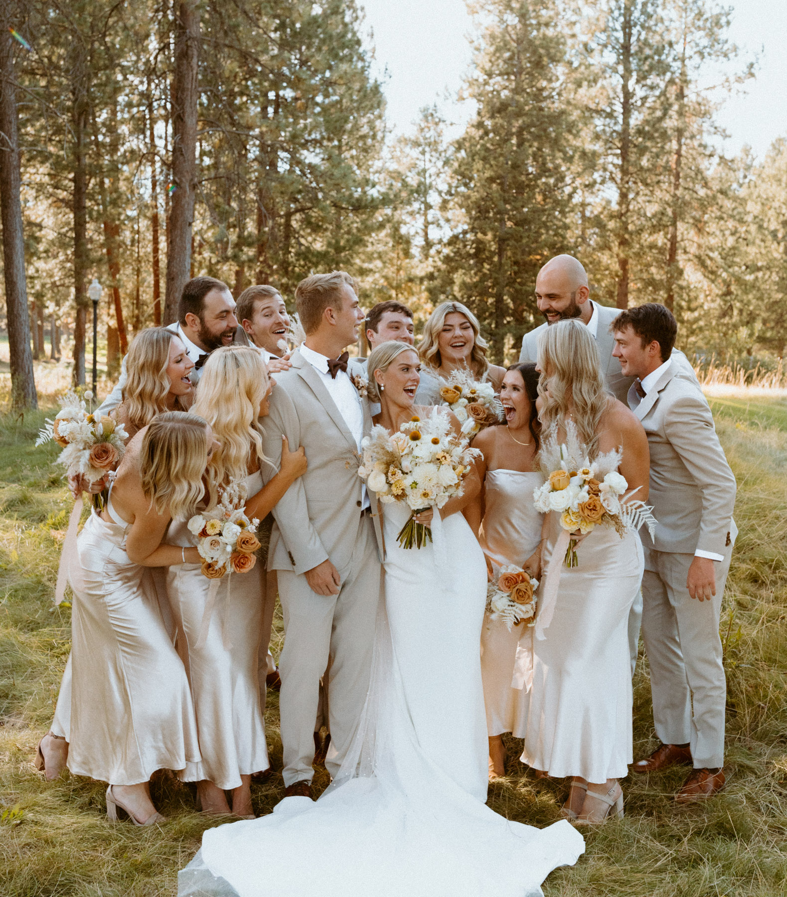 A wedding party with bride and groom